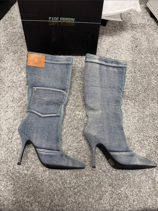 Cape Robbin Shoes - Cape Robbin Denim Knee-High Stiletto Boots - Light Blue